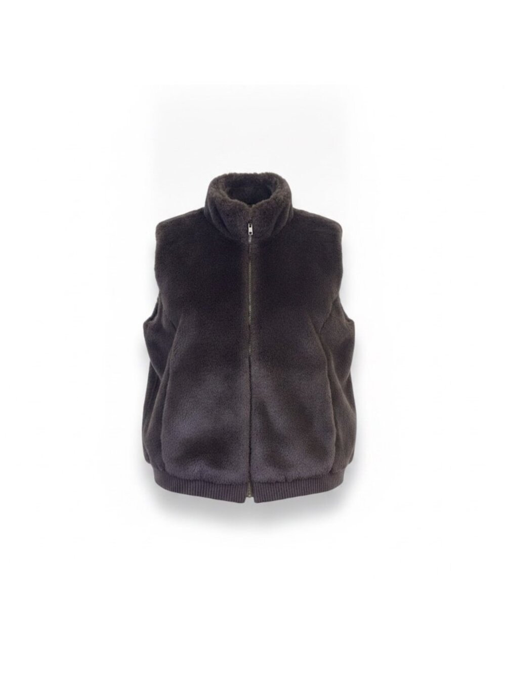 Talbots Womens Brown Faux Fur Zip Vest Polyester Blend Size L